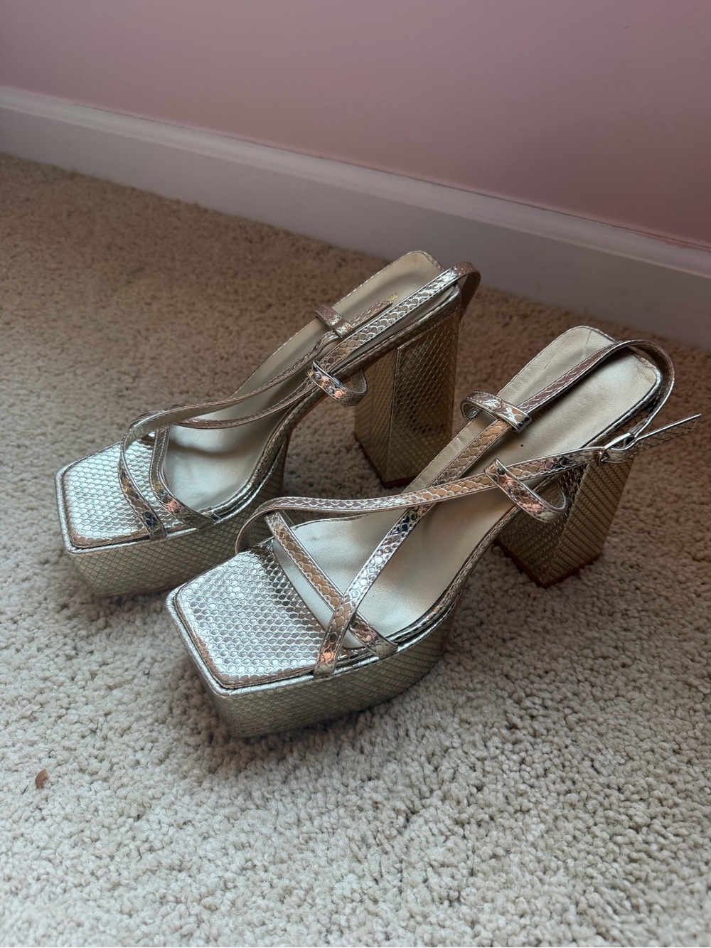 PrettyLittleThing Metallic Gold Platform Block Heel Sandals